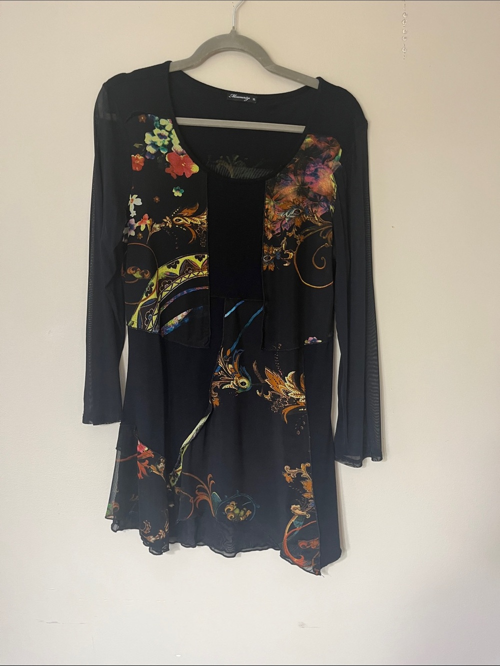 Black Floral Patchwork Long Sleeve Tunic by Mesmerize